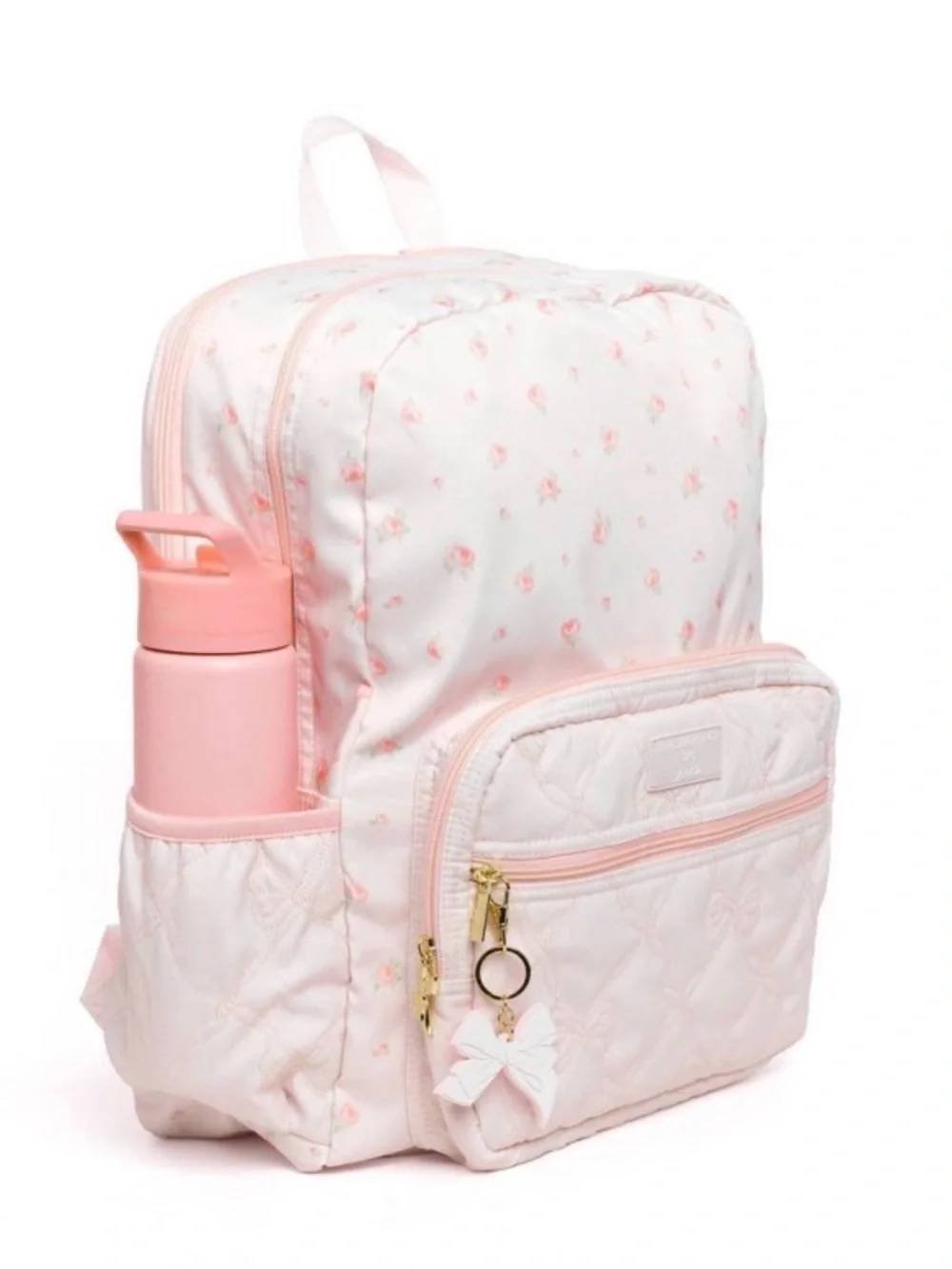 LoveShackFancy Pale Pink Quilted Floral Backpack with Bow Charm